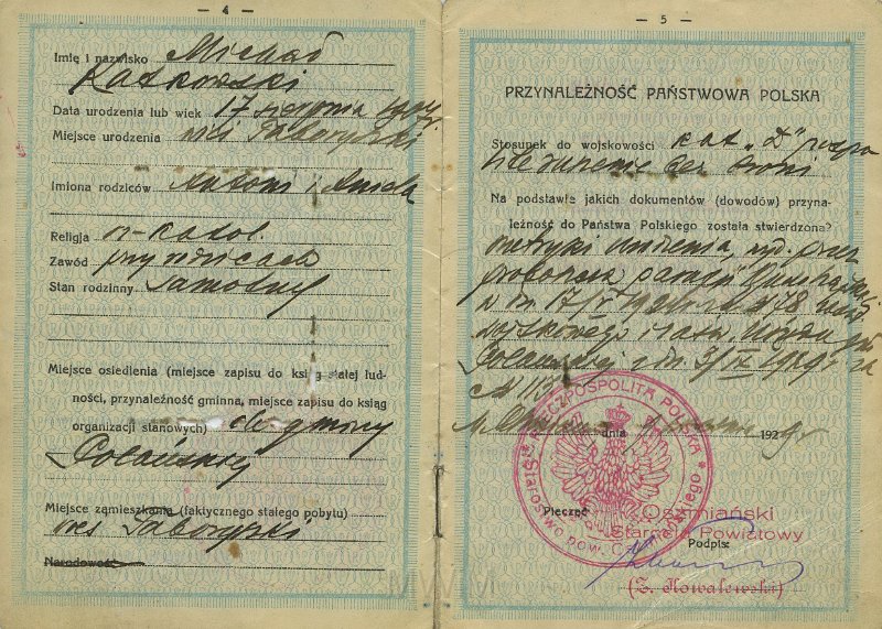 KKE 5270-5.jpg - Dok. Dowód osobisty Michała Katkowskiego (ur. 17 VIII 1907 r. w Taboryszkach) – syn Antoniego i Anieli, Oszmiana, 9 IV 1929 r.